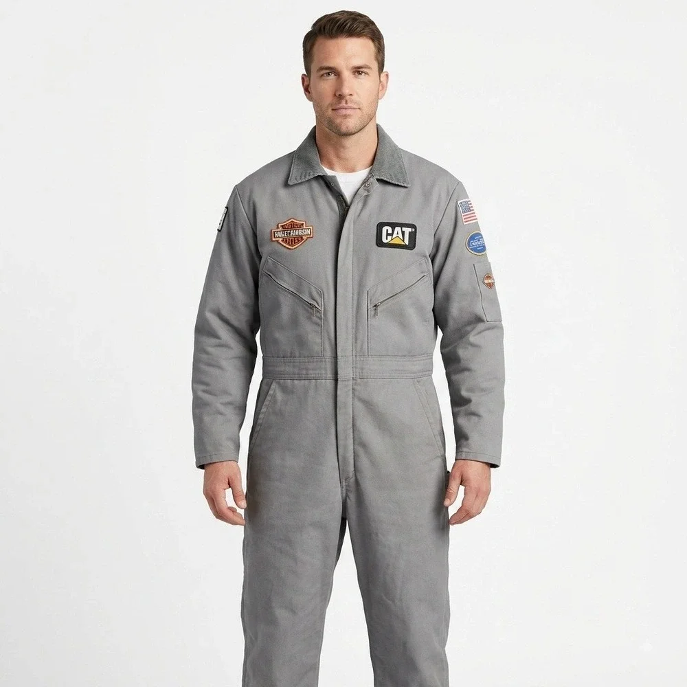 Walls Blizzard Pruf Coveralls Mens Grey Harley CAT Chevy Patches Workwear 6519
